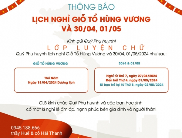 Lịch nghỉ lễ giỗ Tổ Hùng Vương 2024 và nghỉ lễ 30-4 1-5